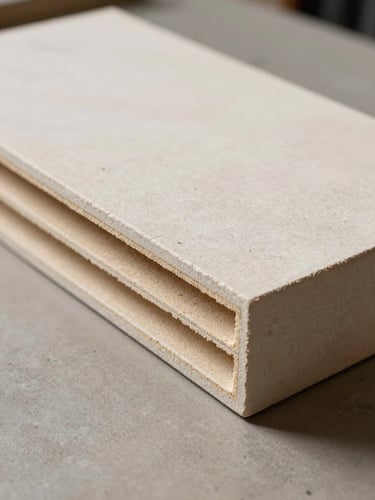 Cross-section edge of an acoustic wall panel, shot from 4 inches under north-facing daylight, internal batten and absorptive core layers visible in precise layered relief, pale stone surface finish, neutral workshop surface, no people