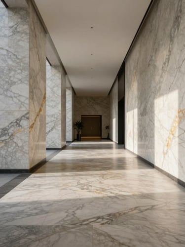 Wide architectural interior — an empty five-star hotel lobby corridor photographed from a low vanishing-point perspective, floor-to-ceiling Calacatta marble panels flanking both walls, north-facing daylight raking across the stone surface revealing pale gold veining, no people, no styling