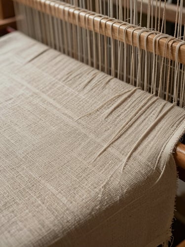 Close-up of a heavy woven textile on a loom, individual warp and weft threads visible under hard studio strobe, warm neutral linen tone, slight shadow depth revealing weave structure, no people visible