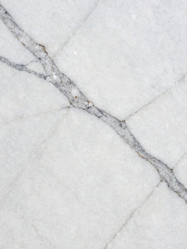 Extreme close-up of Statuario marble slab under north-facing daylight, bold grey veins cutting across pure white stone surface, photographed three inches from surface to reveal crystalline texture, no props
