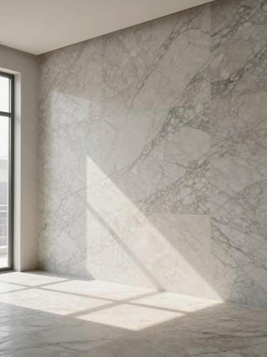 Wide architectural view of a full Statuario marble wall in an empty finished room, north-facing daylight entering from the left, veining reading clearly across the entire surface, no furniture, no people