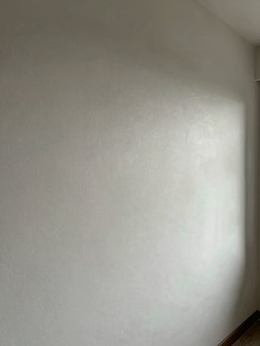 Wide environmental shot of an empty room wall finished with a fine mineral wallcovering, photographed from an architectural corner angle in north daylight, surface texture visible across the full wall plane, no furniture, no people