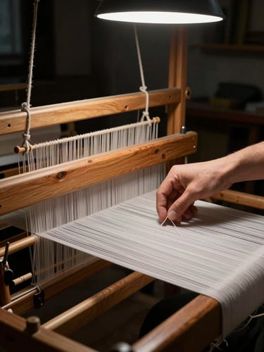 Artisan hands setting the warp threads on a narrow wooden loom, shot 5 inches from the surface under hard studio strobe light, thread tension visible across fingers, dark workshop backdrop, precise and still