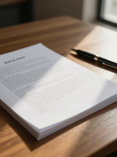 Close-up of an open legal document on a warm wooden desk, a pen resting beside it, soft natural daylight entering from the right, shallow depth of field, warm tones