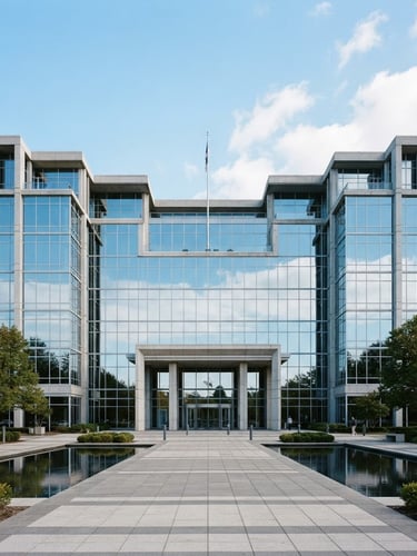 Symmetrical modern corporate headquarters exterior with clean concrete lines, glass facade reflecting crisp daylight, cool blue and white tones, 35mm architectural photography.