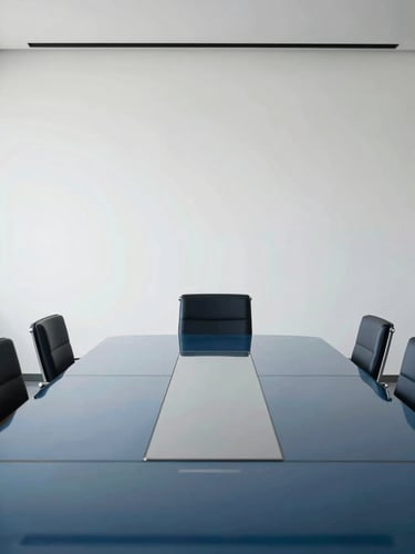 Crisp daylight illuminating a minimalist corporate boardroom table with architectural symmetry, cool blue reflections on glass, clean executive design, 35mm.