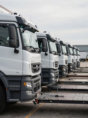 Close-up environmental shot of a fleet of flatbed and box trucks lined up at a regional freight yard under overcast morning daylight, fleet numbers stenciled on cab doors, tie-down chains coiled on the beds, no drivers visible