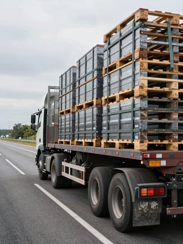 Wide environmental shot of a heavy-duty flatbed truck loaded with steel pallets on a straight highway at overcast midday, truck occupying the right two-thirds of the frame, empty asphalt road receding left, natural grey daylight, close detail on cargo straps and tie-downs visible on the load