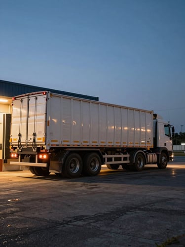 Wide low-angle shot of a loaded heavy-duty freight truck pulling out of a loading dock at dusk, cargo straps visible across the flatbed, amber dock lights casting hard shadows on the asphalt, motion blur on the rear wheels
