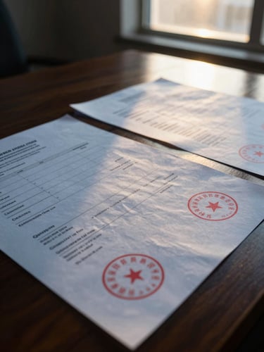 Close-up of official shipping documents with red customs seals on a dark wooden desk, dramatic golden hour light from a window, sharp focus