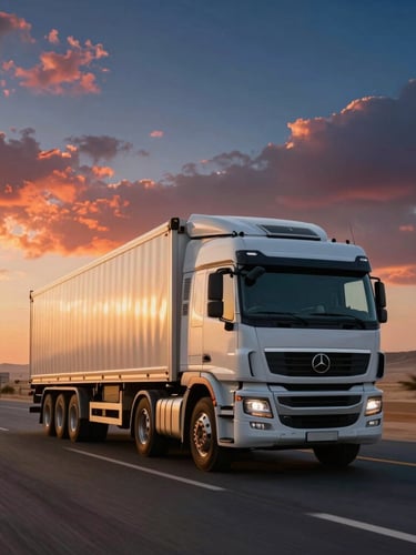 Cinematic shot of a modern heavy-duty shipping truck driving on a desert highway outside Cairo under a dramatic warm sunset sky, sharp focus, motion blur on road.