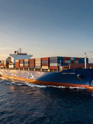 Wide-angle heroic perspective of a massive blue container ship fully loaded with colorful containers cutting through deep blue ocean water, dramatic golden hour light, sharp focus.