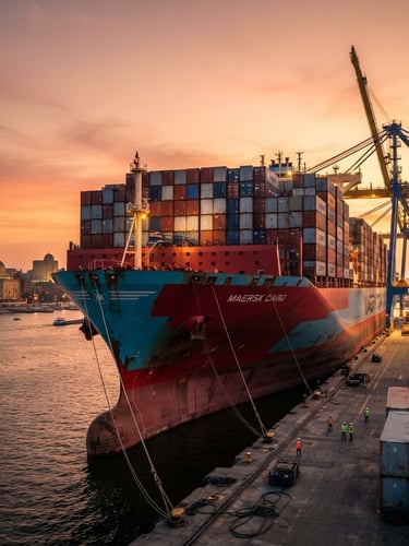 Low-angle heroic shot of a massive red and blue container ship docked at a modern Cairo port terminal during golden hour, sharp focus, cinematic lighting