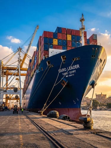 Low-angle heroic perspective of a massive container ship docked at a modern Cairo port, high-contrast daylight, deep blue hull, sharp focus