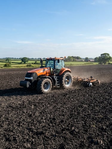 Wide panoramic view of a modern tractor tilling rich, dark soil in a field under bright morning sun, low horizon, with a clear blue sky. Crisp outdoor photography, sharp focus, 35mm.
