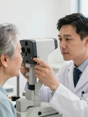 Medium close-up of a professional optometrist adjusting a modern digital phoropter for an elderly patient, bright natural indoor lighting, clean clinical setting, authentic interaction.
