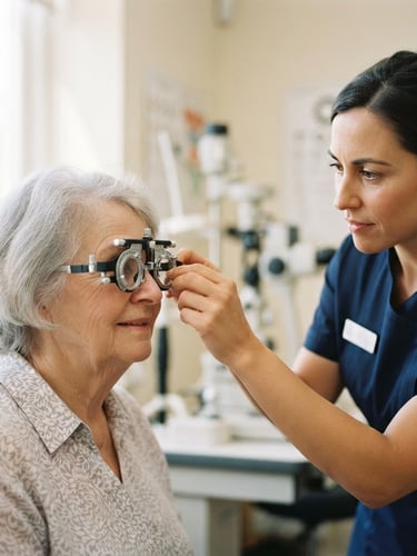 Medium close-up of a professional optometrist adjusting a modern trial frame on an elderly patient, bright natural indoor lighting, authentic patient-professional interaction, 35mm lens, shallow depth of field.