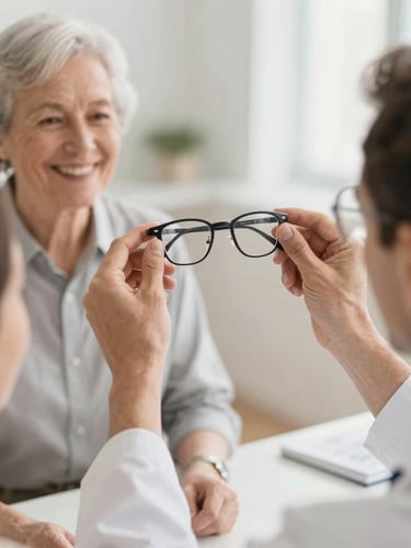 Hands of an optician adjusting a pair of modern glasses for an elderly smiling patient in a brightly lit community space, warm natural light, shallow depth of field.