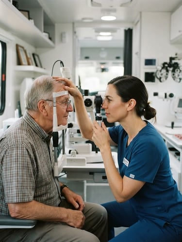 Wide editorial shot of an optometrist examining an elderly patient inside a modern, brightly lit mobile clinic, professional optical equipment, soft natural light, 35mm lens, shallow depth of field.