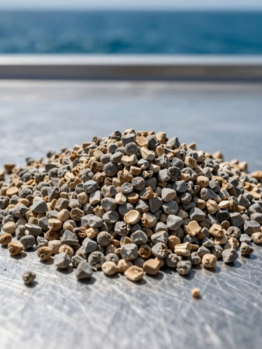 Macro close-up of dry agricultural fertilizer granules of Urea and NPK, high-contrast industrial laboratory lighting, sterile steel gray background, 35mm.