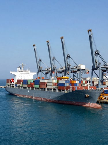 Wide-angle industrial environmental shot of Casablanca port, massive bulk container ship docked at daylight, heavy cranes loading dry-bulk cargo, deep ocean blue water and steel gray hulls.