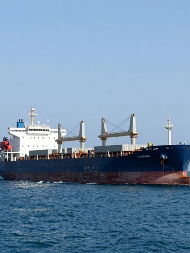 Wide-angle portrait shot of a massive bulk carrier vessel loading dry cargo at the Casablanca terminal under bright daylight, industrial maritime photography.