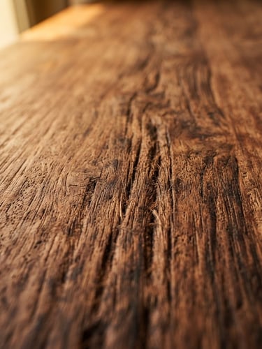 Macro photography of rich Brazilian hardwood grain, warm afternoon window light highlighting the natural texture and matte finish, 35mm lens, architectural interior context.