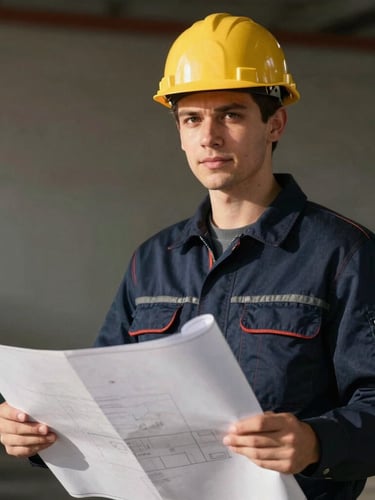 Portrait of a young adult in safety gear holding blueprints, confident expression, natural dramatic side-light