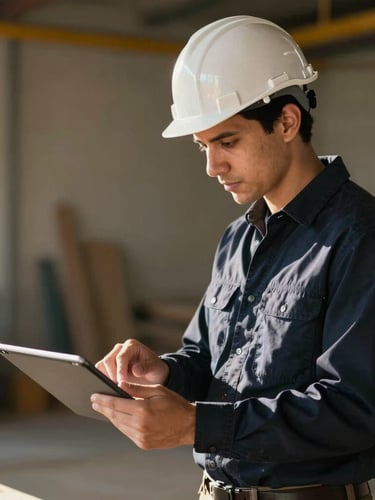 Candid, respectful portrait of a mentor in a hardhat guiding a young adult over a digital blueprint tablet, natural side-lighting, professional tone