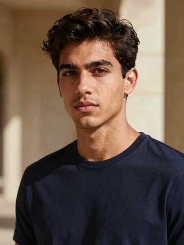 Respectful medium close-up portrait of a young man looking forward with confidence, natural side-lighting, soft architectural background, 35mm lens