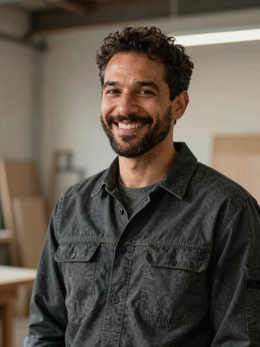 A candid medium portrait of a diverse male mentor smiling warmly in a modern workshop, wearing a charcoal work shirt, soft natural side lighting