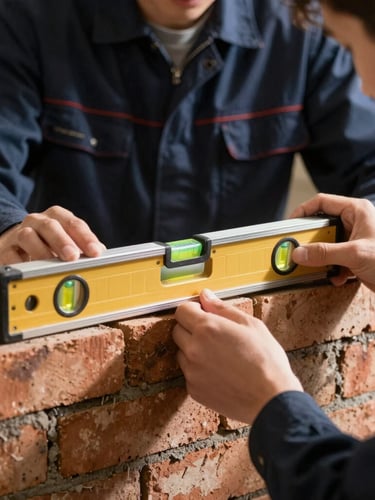 Close-up of hands-on vocational training, a young adult holding a spirit level against a newly laid brick wall, dramatic side-lighting, sharp focus on texture
