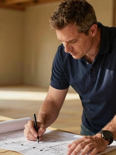 A close-up portrait of a mentor guiding a young adult over a construction blueprint, natural side-lighting, warm gold tones, sharp focus, 35mm lens