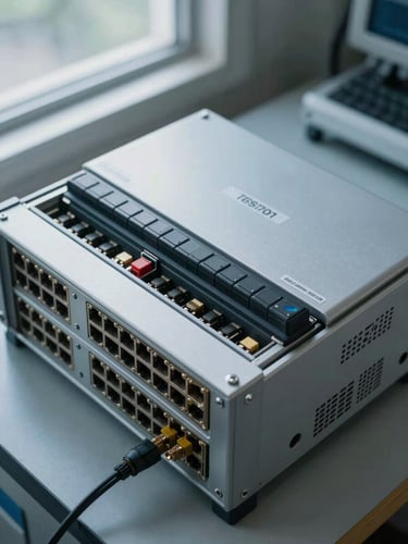 Close-up overhead shot of air-gapped network infrastructure on a controlled-environment workbench, clearly labelled isolation switches and disconnected external ports visible, industrial daylight from a high window casting forensic cold light across the hardware surfaces, no personnel present