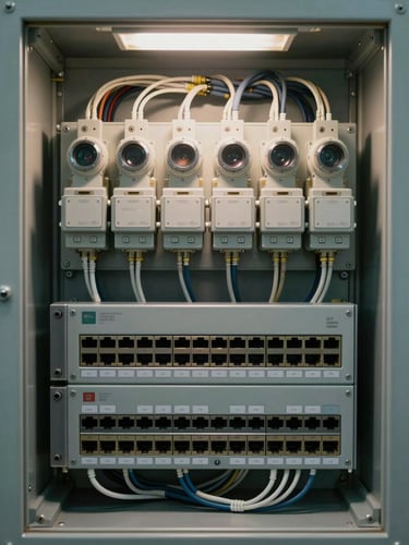 Close-up overhead shot of an isolation switch panel on a rack-mounted network device inside a Faraday-shielded enclosure, cable management visible, institutional tungsten lighting from above, no human hands, physical separation of network segments clearly delineated by labeled port blocks, cold forensic framing
