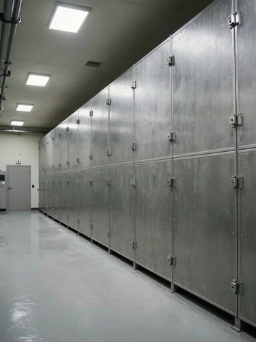 Wide environmental shot of a Faraday-shielded enclosure inside a controlled-access facility, heavy metal walls with sealed conduit penetrations visible, cold institutional overhead lighting illuminating the interior, no personnel, documentary framing with generous empty space on the left side
