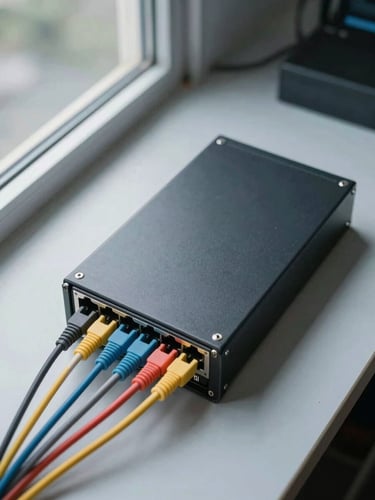 Close overhead shot of isolated network switch hardware in a controlled environment, labelled patch cables colour-coded by segment, no wireless indicators active, cold daylight through a narrow industrial window to the left, forensic framing