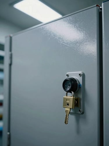 Close-up of a sealed rack enclosure in a controlled access room, isolation switch in the foreground with a physical key lock engaged, overhead daylight through narrow industrial windows casting cold even light on brushed steel panels, no people, no signage