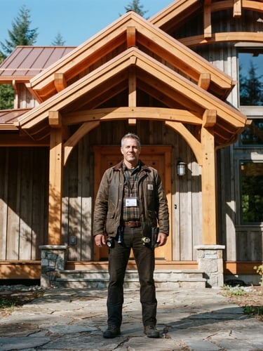 A straight-on architectural portrait of a certified home inspector in a rugged canvas jacket standing in front of a modern timber-frame cabin, hard natural sunlight casting sharp shadows, warm wood tones, 35mm.