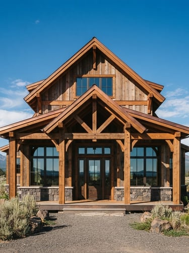 Straight-on sharp architectural shot of a timber-framed home against a wide Oregon high-desert sky, hard natural sunlight casting crisp shadows, warm wood tones, 35mm