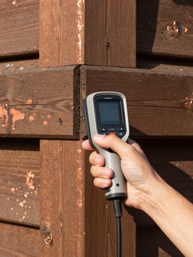 Close-up of hands holding a professional thermal imaging camera against weathered timber joints, hard natural sunlight casting crisp shadows, warm editorial photography.