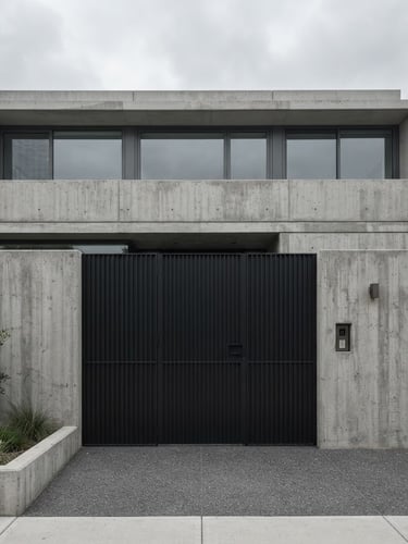 Frontal orthogonal architectural photography of a modern concrete minimalist residence facade, matte black steel automatic gate integrated seamlessly, overcast soft daylight, desaturated industrial tones, 35mm lens