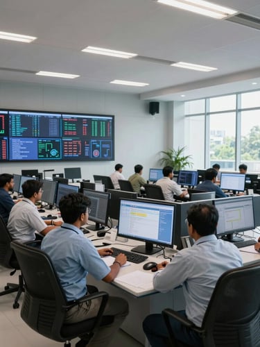 A wide-angle, brightly lit modern operational control center in Bangalore with engineers monitoring system health dashboards on multiple clean screens, cool natural daylight.