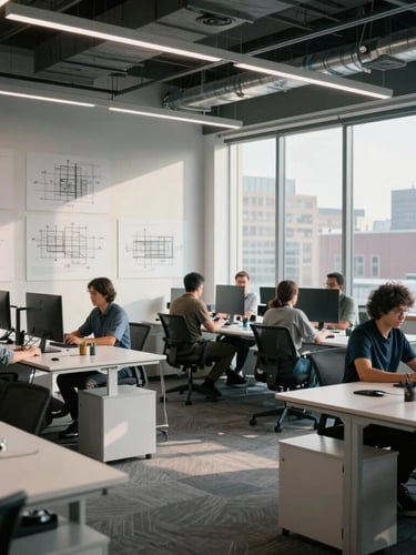 A wide environmental shot of a modern collaborative engineering office in Philadelphia, clean desks, architectural diagrams visible on a glass wall, natural cool morning light.