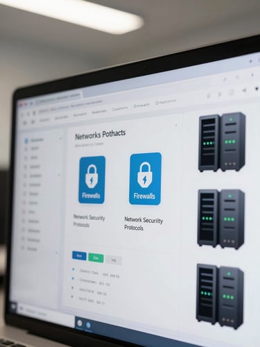 Close-up macro shot of a clean software dashboard displaying network security protocols, firewalls, and active server nodes, cool bright office light.