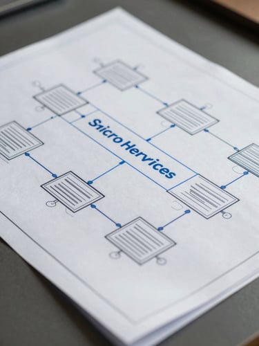 A crisp white architectural blueprint of a software microservices system, clean technical lines, sharp blue accents, cool natural daylight