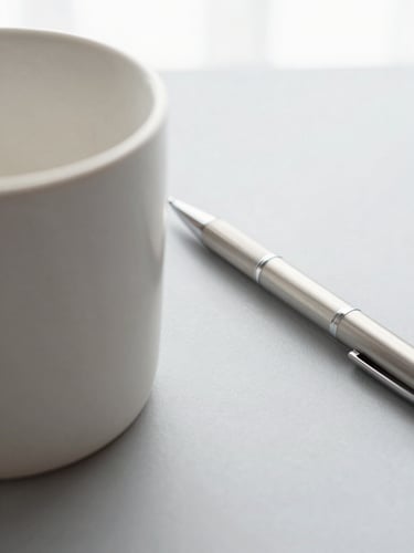 Minimalist white ceramic coffee mug and silver ballpoint pen on a gray desk surface.