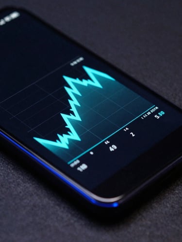 Extreme close-up of a matte-black Android smartphone screen displaying a high-contrast cyan vector system telemetry graph, moody low-key lighting with electric blue rim reflections on the glass edge, dark slate background.