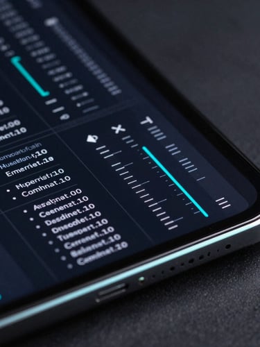 Macro angled shot of a dark-mode Android screen displaying a high-density vector UI schematic of system performance metrics, subtle electric-cyan rim light reflecting off the glass edge, dark slate background.