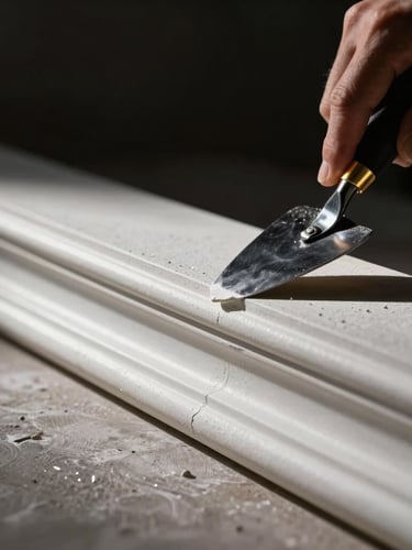 Close-up of a craftsman's hand using a steel trowel to finish a wet white plaster molding, sharp raking side light highlighting the texture, dark background, high-contrast
